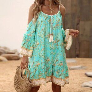 Boho Floral Print Cold Shoulder Mini Dress